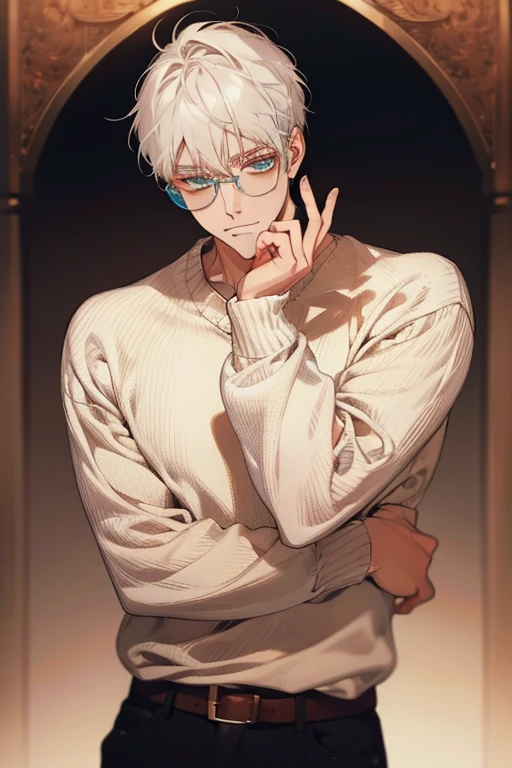 ((Masterpiece, Highest Quality)), Detailed Face, male, white sweater, turquoise eyes, (((Top Quality))), Short hair, Shaved whiskey,Spits, white colored hair, Stylish glasses