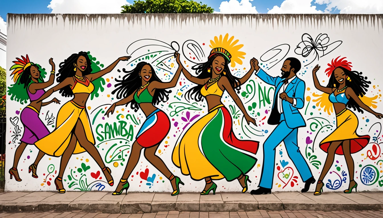 Graffiti on the wall of a white house,Doodle line drawings of men and women dancing samba,Rastafarian