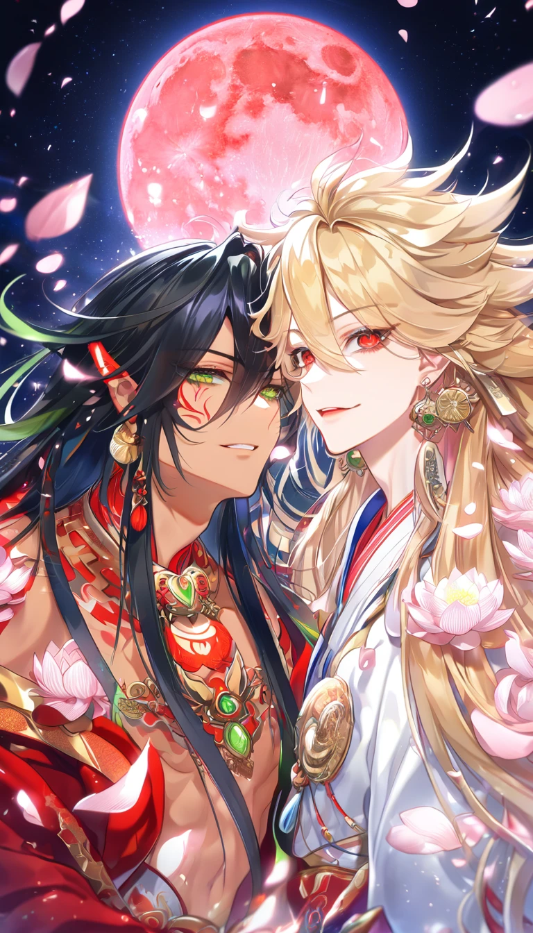 absurdres, highres, ultra detailed, HDR, master piece, best quality, extremely detailed face, delicated features, tanned skin, Asura, black hair, untamed long hair, expressive red eyes, Onmyoji, Taishakuten, blond hair, expressive green eyes, two sexy men together, yaoi, gay couple, handsome, smile, red haori, white robes, pink lotus, pink petals, water, magical, fantasy, pink moon, starry sky, envy magical