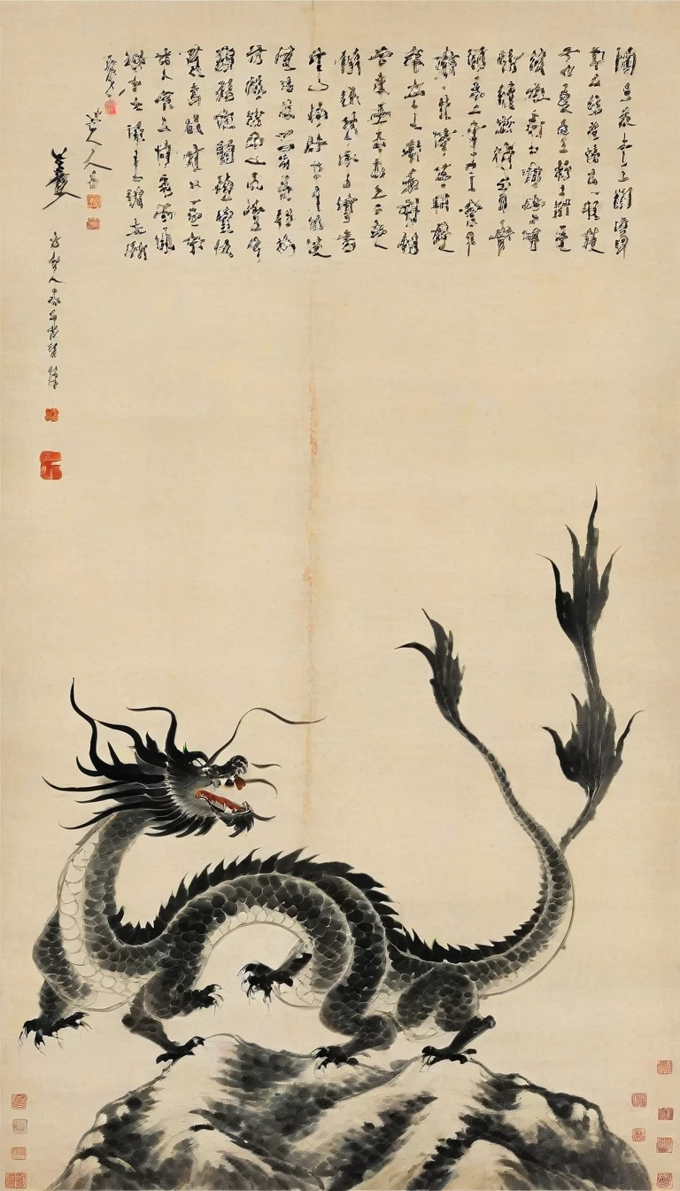 Chinese landscape painting,High resolution,No humans,A dragon with wings spread and breathing fire,the art of chinese calligraphy,Asian Artwork,Traditional Chinese Painting,ink A dragon with wings spread and breathing fire drawing,calligraphy,parchment,Vertical composition,Minimal,Brush strokes,cultural,Seal Art,antique,artistic,Single subject,Text Overlay,Fine art,Chinese Text,Ink Painting,