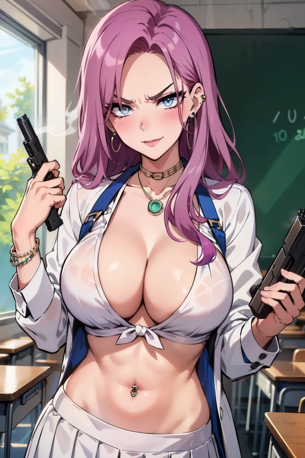 jade, 1girl, solo, large breasts, purple hair, blue eyes, ear piercing, long hair, blush, lipstick,Hot girl, baddie, staring, glaring, bad attitude, mean girl, dare, angry, hate, crazy, smoking, sensual, attractive , masterpiece, best quality, ((unbuttoned , cleavage, necklace, earrings, sexy body,
breasts)) , micro skirt, smiling, navel , exposed belly, exposed navel,school,
classroom , hold a gun,knot, holding pistol, navel piercing