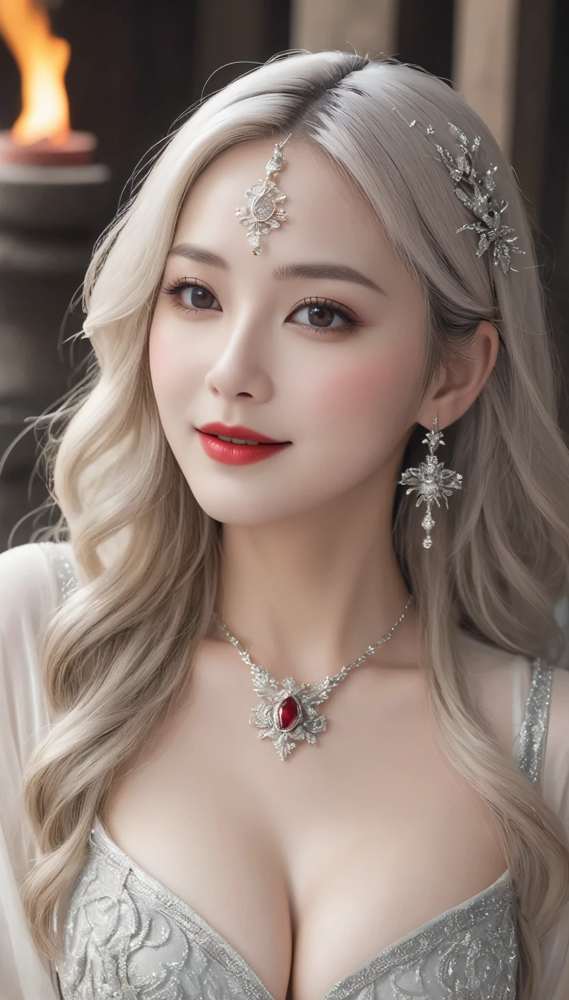 (((surreal woman)))、((Very beautiful 30 year old white woman))、(((Big big cleavage)))、のwitch girl、blonde mature、Plump figure、smile、Middle-aged beauty 、Very delicate and delicate skin texture、witch girl、{(Ancient ornate and luxurious temple)、(Many torches are burning)}、Red lips、Beautiful scarlet eyes、(((Gorgeous and glamorous silver outfit and luxurious accessories)))、I have a shiny platinum wand、