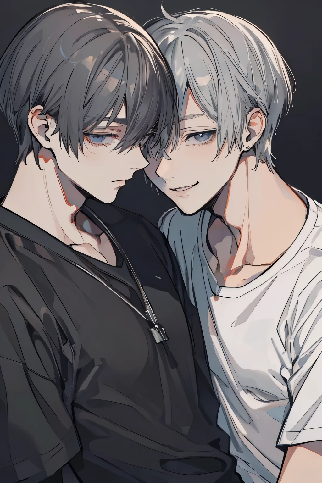 (Mastepiece), (Best Quality), Very detailed, ((Two men intimate:1.5)), Perfect Face, Beautiful Face, Very detailedな顔，(Upper body shot:1.3)，(Black-haired man:1.3)，(Grey-haired man:1.3)、T-Shirts、smile
