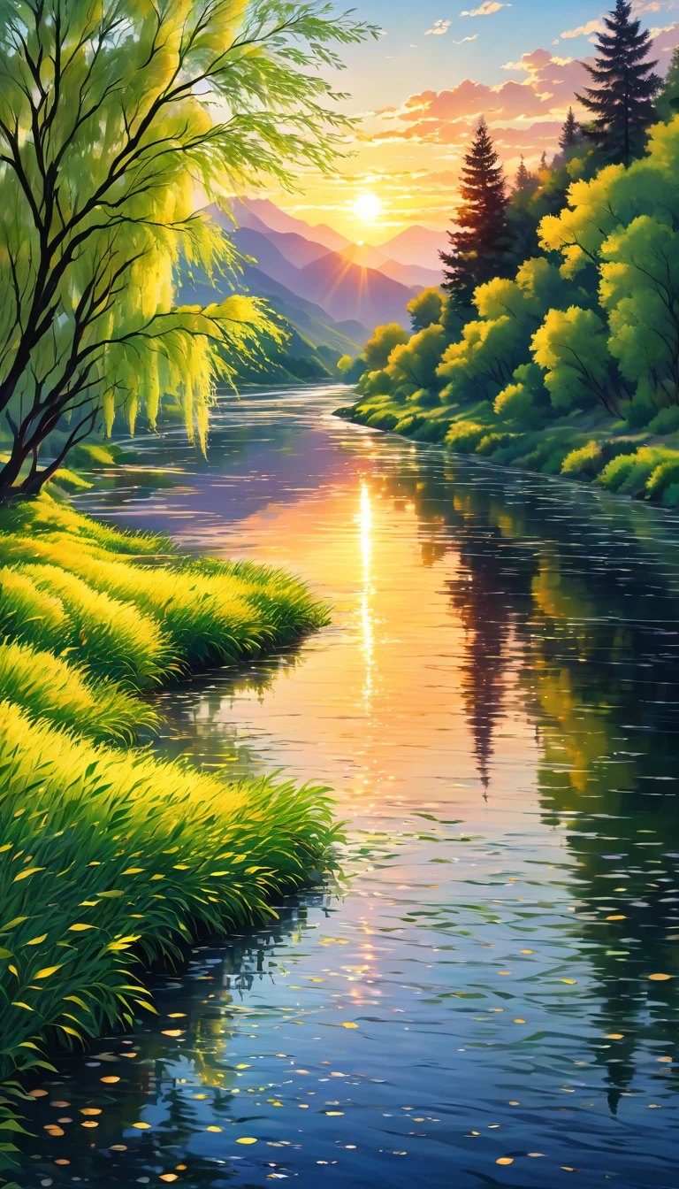 The mountains in the distance are reflected in the sunset,At the foot of the mountain,Tree-lined,The leaves sway gently in the breeze,As if dancing with the sunset,Leaves in the sunset,sprinkle,Draw beautiful patterns on the Earth,A small river,River at sunset,shiny,Flashing Lights,Weeping willow by the river,Willow branches swaying in the wind,The other side of the river,it'in a rice field,夕阳的余晖sprinkle在稻田上,it's like a sea of gold,A gentle breeze blows,Beautiful sunset scenery。The afterglow of the sunset gradually disappears,Realistic style