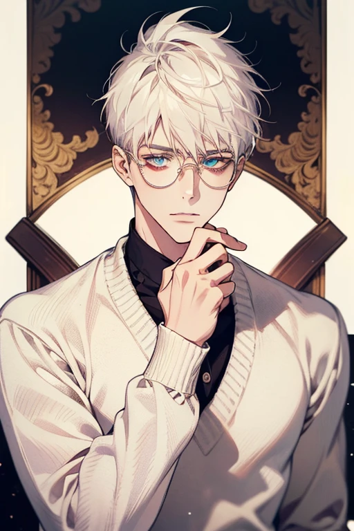 ((Masterpiece, Highest Quality)), Detailed Face, male, white sweater, turquoise eyes, (((Top Quality))), Short hair, Shaved whiskey,Spits, white colored hair, Stylish glasses