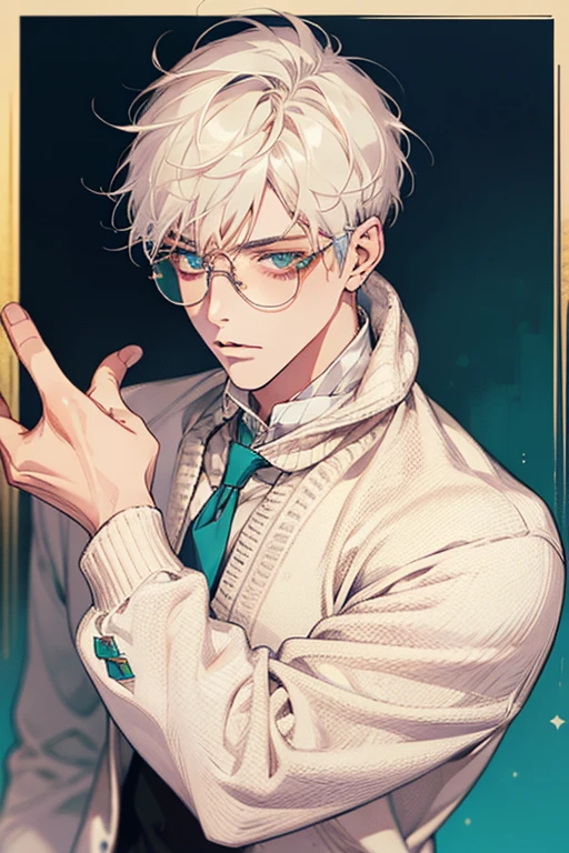 ((Masterpiece, Highest Quality)), Detailed Face, male, white sweater, turquoise eyes, (((Top Quality))), Short hair, Shaved whiskey,Spits, white colored hair, Stylish glasses