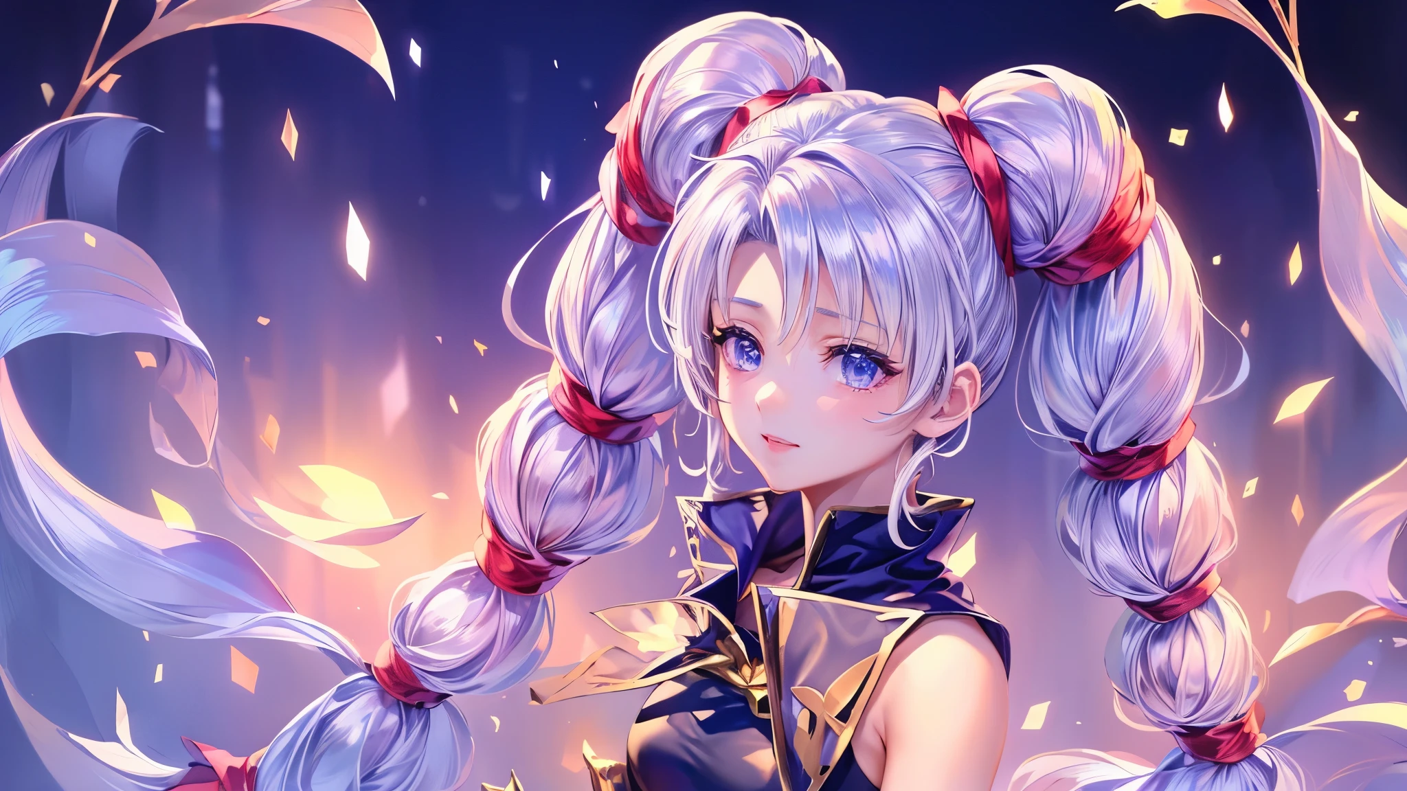 Twin tails,(最high quality, High resolution:1.2), Super detailed, Mysterious, Ethereal atmosphere, Beautiful attention to detail, Detailed lips, masterpiece, Shrinkage rate(8k, 最high quality, masterpiece: 1.2), beautiful girl,Moonlit Night,sexy,Glamour,Purple eyes,sacred,Dynamic pose,One Girl,(the best品質を最高に8k, CG, Beautiful and exquisite upper body, Complex facial features, Almond Eyes, Exquisite eye makeup, Long eyelashes fluttering, Blinking big eyes, (masterpiece, 最high quality, the best, Official Art, Beautiful and beautiful, Long-term exposure: 1.2), Smooth movement, Attractive patterns, Delicate face, , Bare shoulders, ,Detailed Background, Delicate face,, Dynamic pose, Suspended particles, Ethereal atmosphere,gem,One Girl,goddess,Delicate and beautiful face,Flowing,Perfect balance, masterpiece, Textured skin, Very detailed, High detail, high quality, High resolution,Smile