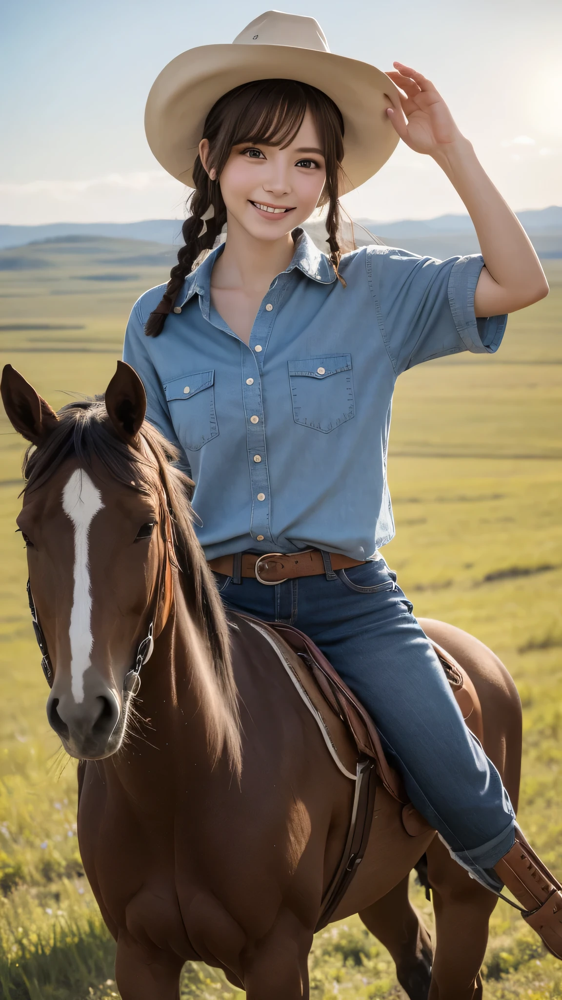 Best picture quality (8k, high resolution, Masterpiece: 1.2), super detailed,  215 Short Hair,Three braids long hair, 26-year-old woman, 

Extraordinary beautiful girl、Cute and beautiful face details、(Facing the children_v1:0.008)、

A cowboy situation on horseback overlooking the vast plains: Riding a horse、Moving through the vast grasslands。
clothing: Western Shirt、Leather Chaps、The sunlight on my cheeks。
angle: View from horseback、With the vast plains as a background。


,Active Pause ,
Beside her、The thunder danced。
Focus on the waist above


, random cute pose ,big eyes ,Puffy eyes ,  Heart Pupil, blush  , huge shy smile , salute


