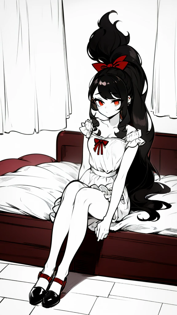 using pantimedies, wavy black hair, piercing look with deep red eyes, average stature, Silky hair with a ponytail hairstyle collected with a red bow with two white lines, with clothes, has a vagina, has breasts, cup of breasts, small breasts, slim, foreground, Session, sitting in her room, sitting on the floor of her room, wearing pantyhose, using pantimedies, Picardias, short skirt, shoes, blouse with straps 