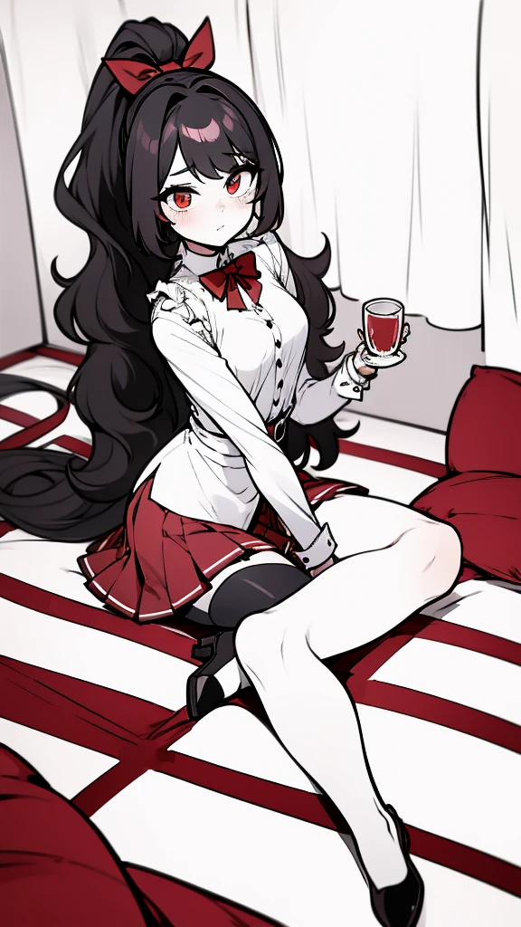 using pantimedies, wavy black hair, piercing look with deep red eyes, average stature, Silky hair with a ponytail hairstyle collected with a red bow with two white lines, with clothes, has a vagina, has breasts, cup of breasts, small breasts, slim, foreground, Session, sitting in her room, sitting on the floor of her room, wearing pantyhose, using pantimedies, Picardias, short skirt, shoes, blouse with straps 