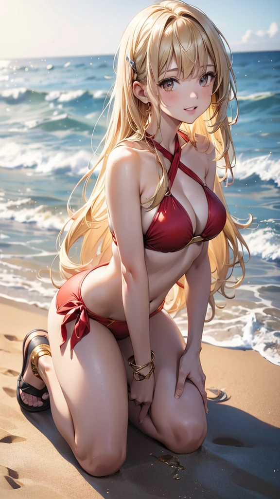 1girl, solo, bangs, long blonde hair, parted lips, medium breast, gold eyes, long hair, smile, solo, two piece red halter swimsuit, sandy pier background, kneeling,  back turned to camera 