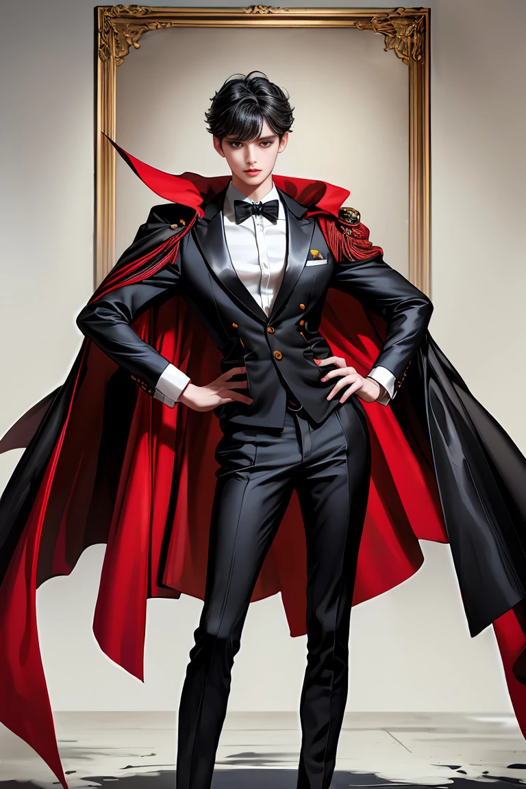 masterpiece, 最high quality, high quality, 1 boy, alone, Male focus, Watching the audience, Messy black hair, Adorable big blue eyes, White, Noble, Noble,A black and red cape that is bursting with sexy volume、Tuxedo、A very voluminous, large, very large, very large, long, long red and black cape with a high stand-up collar, made of a lot of fabric that reaches down to the floor., 17 years old,Cute beautiful boys,Cute, cute, kind, handsome guy