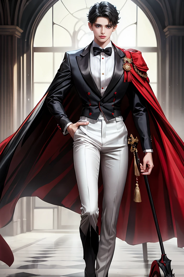 masterpiece, 最high quality, high quality, 1 boy, alone, Male focus, Watching the audience, Messy black hair, Adorable big blue eyes, White, Noble, Noble,A black and red cape that is bursting with sexy volume、Tuxedo、A very voluminous, large, very large, very large, long, long red and black cape with a high stand-up collar, made of a lot of fabric that reaches down to the floor., ,Cute beautiful boys,Cute, cute, kind, handsome guy