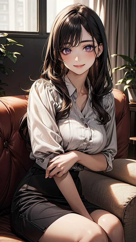 (masterpiece:1.2, Highest quality), (Realistic, photoRealistic:1.2), Beautiful illustrations, (Natural Side Lighting, Cinema Lighting), , 
View your viewers, 1 girl, Japanese, housewife, 23 years old, Perfect Face, Cute and symmetrical face, Glowing Skin, 
(Long Hair:1.5, Wavy Hair:1.6, Black Hair), Crossed bangs, Purple eyes, Long eyelashes, (Large Breasts), thin, 
Beautiful Hair, Beautiful Face, Beautiful attention to detail, Beautiful clavicle, Beautiful body, Beautiful breasts, Beautiful thighs, Beautiful feet, Beautiful fingers, 
((White collared blouse, Dark Drawn Trench Skirt), ), 
(Beautiful views), evening, (living room minimalist),, sofa, (smile), 