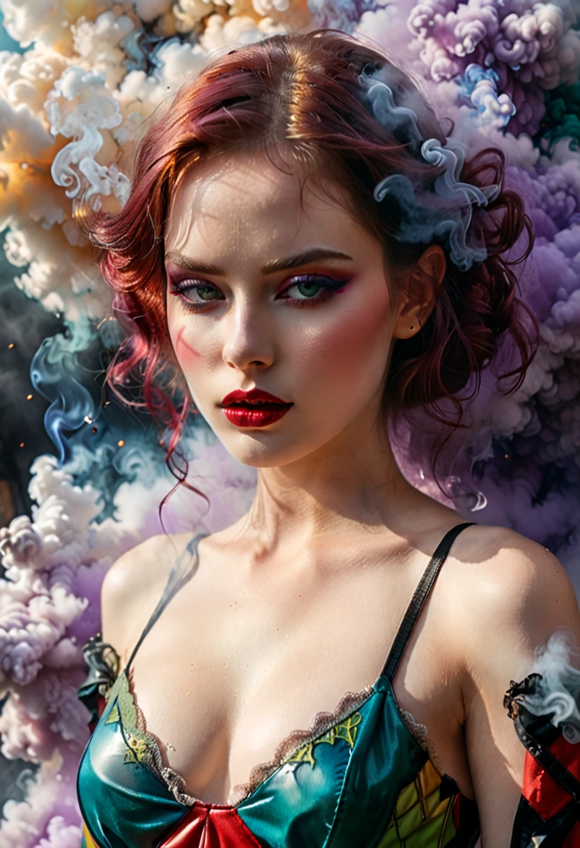 (Cinematic Frame: Realistic, Fine Drawing, Lots of Details)
(((ultra realistic))) Photo, masterpiece, top quality, (pale skin), (Ultra detailed face and eyes), 1 girl, Adult, In this cinematic frame, we are presented with a ((fiendishly evil Harlequin Girl:1.2)), (her form emerging mysteriously from the clouds of smoke:1.2). The scene takes on a surreal and captivating beauty as she stands amidst the ethereal landscape, her figure adorned with delicate sensual bodycon dress. These garments boast an astonishing transparency, creating a mesmerizing effect as they reveal just a hint of her form beneath.(Natural breasts). (Soft Lighting), (The play of light and shadows), depth of field, bokeh, (special attention to skin detail: 1.2), Detailed leather texture, detailed skin pores. (Erotic atmosphere of the frame. Color range - Teal, ox blood red, lime green and Grape purple tones), UDR, ((Film grain)), ((rays)), (Glare), ((full body portrait:1.2)) , ultra detailed. random00d
The composition of this artwork is truly remarkable, (fine lines and delicate pastel tones reminiscent of a watercolor painting:1.1). Every intricate detail is painstakingly captured, showcasing the artist's mastery in creating a hyperdetailed and realistic portrayal. EdobHorrorLandscape