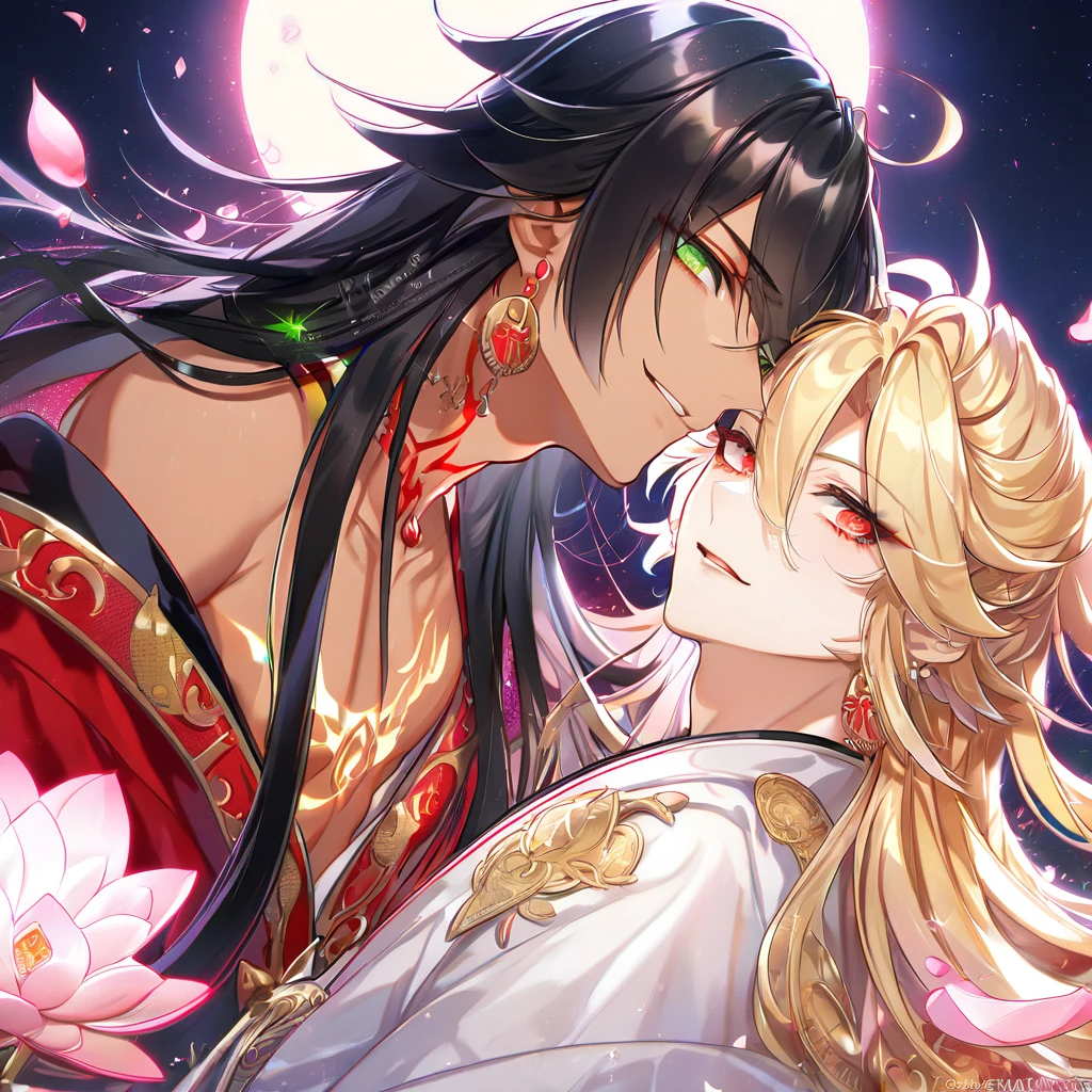 High resolution, ultra detailed, high quality, absurd resolution, HDR, best quality, master piece, detailed eyes, delicated features, tanned skin, Asura, black long hair, expressive red eyes, Onmyoji, Taishakuten, ash-blonde short hair, expressive green eyes, two men hugging, yaoi, gay couple, handsome, in love, showing the chest, red haori, white kimono, golden necklace, lotus earrings, red tattoo, fantasy, magical, pink flowers, pink glittering butterflies, cherry blossoms, pink water, particles, crystal light