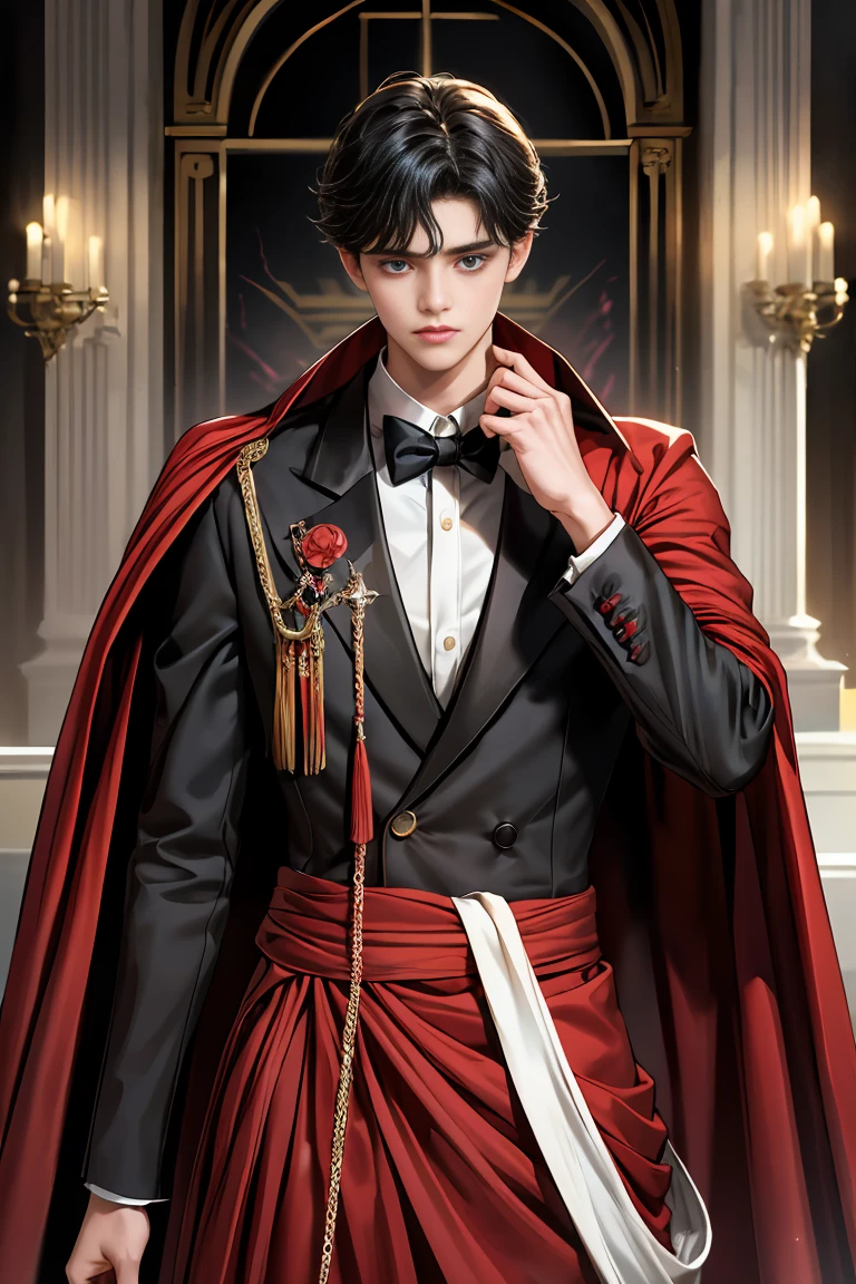 masterpiece, 最high quality, high quality, 1 boy, alone, Male focus, Watching the audience, Messy black hair, Adorable big blue eyes, White, Noble, Noble,A black and red cape that is bursting with sexy volume、Tuxedo、A very voluminous, large, very large, very large, long, long red and black cape with a high stand-up collar, made of a lot of fabric that reaches down to the floor., 17 years old,Cute beautiful boys,Cute, cute, kind, handsome guy