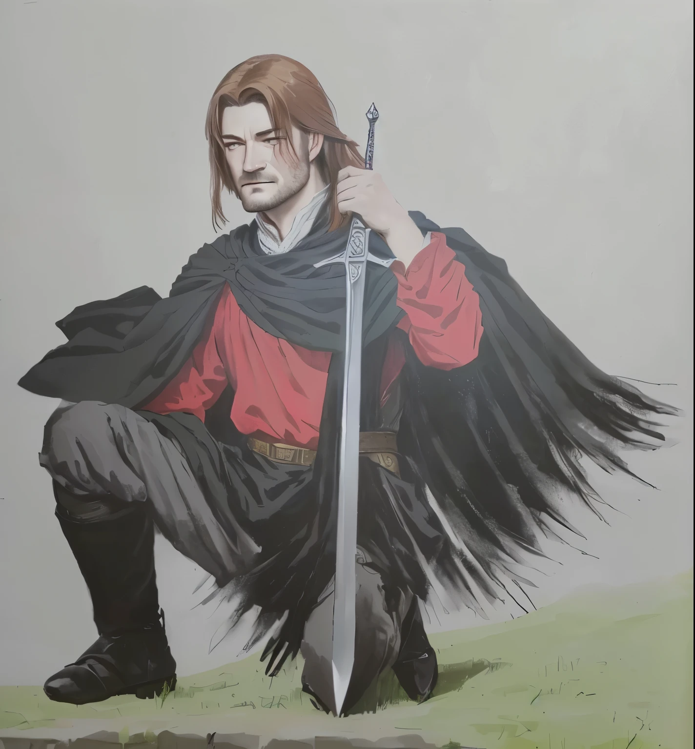 painting of a man with a sword and a red shirt, with a black hat in hand, on his knees, as a medieval fantasy character, inspirado em Robert Walker Macbeth, inspired by Clovis Trouille, painting of a knight, inspired by Ambrosius Holbein, inspirado em Eleanor Fortescue-Brickdale, boromir in an 80\animes world, inspired by Edmund Greacen