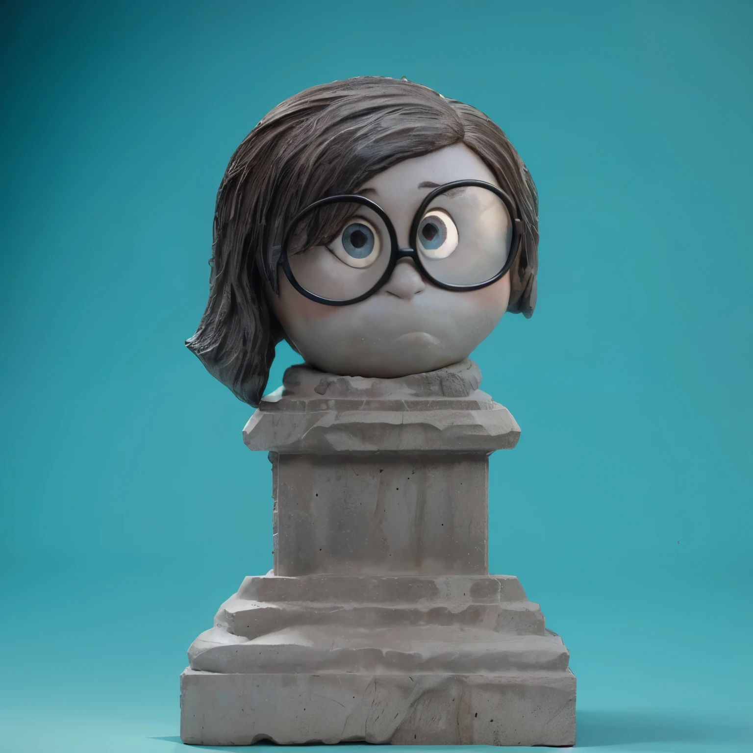 This is a monument depicting Joy from the animated movie "Inside Out." The statue, set on a classical pedestal, captures Joy's energetic and cheerful essence, showcasing her big, bright eyes and wide, joyful smile. Her hair, lively and untamed, adds to the character's dynamic and optimistic personality. The bright turquoise backdrop accentuates the statue, emphasizing its playful and spirited nature. vibrant contrast to his attire and accessories.аffects render, (glossy plastic texture with multiple big light probe refractions), perfect cgi, smooth silhouette, high intensity refraction, (super glossy plastic material), most beautiful vfx, , realistic, 4k, high resolution, rim light, smooth 3d model, multiple light sources, rim light, sharp post effects render,, realistic, 4k, high resolution, rim light detailed digital art, reflective, best quality, 4k, masterpiece:1.2, ultra-detailed, realistic, vivid colors, The image of the highest quality, ensuring every detail showcased perfectly. It in 4k resolution, allowing viewers to immerse themselves in the richness of the colors and intricate details. The realistic rendering. under the spotlight, reflecting, high-resolution image, realistic rendering