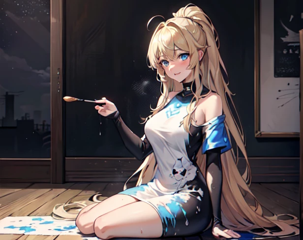 1 girl, 独奏, high resolution, blue colored eyes, sorlaughter, hair blonde, very long hair, slickedback hair, Hair over the shoulder, hair wet, blushful, laughter, make-up, leve sorlaughter, mischievous face, point of view, anime styling, (painting-like (a spattering painting-like) on a screen), sitting down, (jumpsuit splashed with various colors of paint) fashionable, corar sorlaughter gentil, (masterpiece best quality:1.2) ultra-detailed delicate illustration, medium breasts break (spattering painting-like) (ink spatter:1.1), (primary colours), (painting-like brush), (ink palette) break (artist studio indoors), (various works on the wall and floor), t-shirt branco, and a white kitten with a red collar