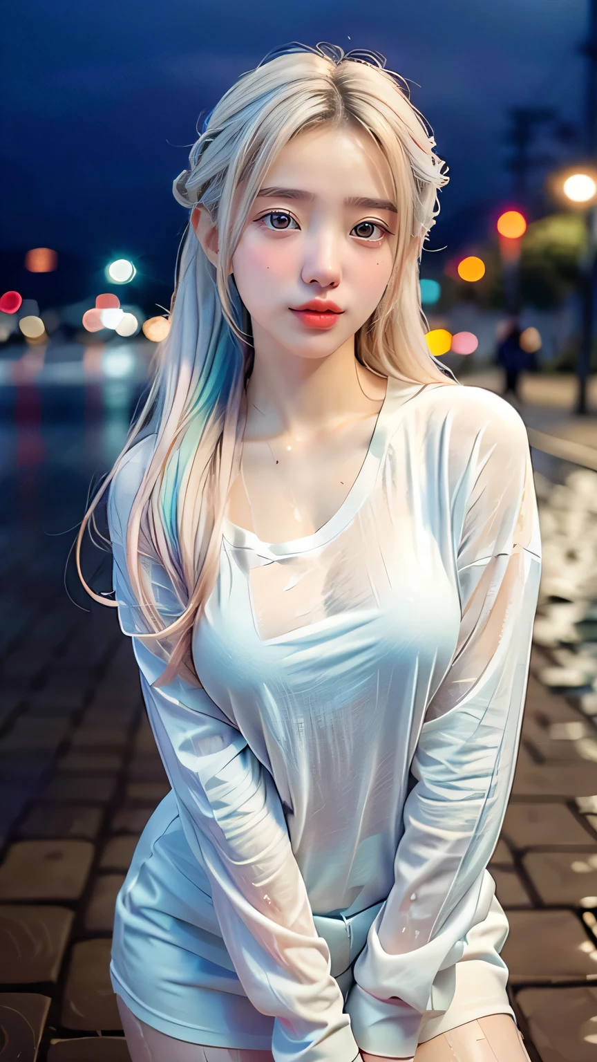 Woman in casual clothes,sexy, toned body, chica sexy, japanese, Looks realistic, Asian, (Detailed face) realistic photo, in the city, wet street, white shirt, gradient hair color 