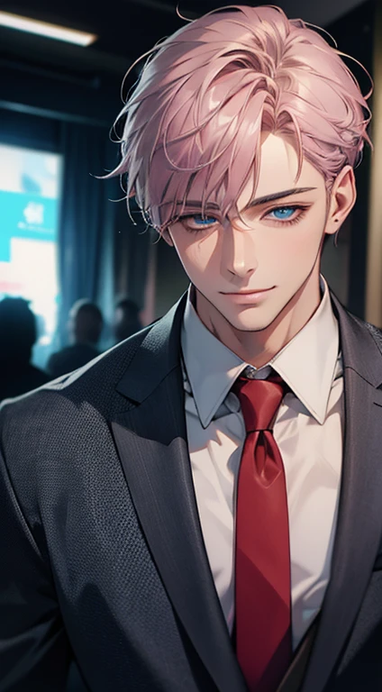 (Highest quality,4K,8K,High resolution,masterpiece:1.2),Super detailed,(Realistic,photoRealistic,photo-Realistic:1.37),1 person,31 years old,Mature Men,Beautiful skin、Profile、very handsome,Expressionless,smile,Short gray pink hair,blue eyes,Sharp Eyes,A perfect face without a doubt,Businessman,Office Background,Cinema Lighting,HDR image,tie、