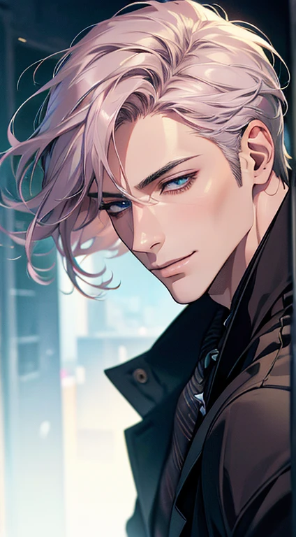 (Highest quality,4K,8K,High resolution,masterpiece:1.2),Super detailed,(Realistic,photoRealistic,photo-Realistic:1.37),1 person,31 years old,Mature Men,Beautiful skin、Profile、very handsome,Expressionless,smile,Short gray pink hair,blue eyes,Sharp Eyes,A perfect face without a doubt,Businessman,Office Background,Cinema Lighting,HDR image,tie、
