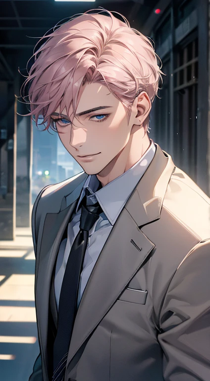 (Highest quality,4K,8K,High resolution,masterpiece:1.2),Super detailed,(Realistic,photoRealistic,photo-Realistic:1.37),1 person,31 years old,Mature Men,Beautiful skin、Profile、very handsome,Expressionless,smile,Short gray pink hair,blue eyes,Sharp Eyes,A perfect face without a doubt,Businessman,Office Background,Cinema Lighting,HDR image,tie、