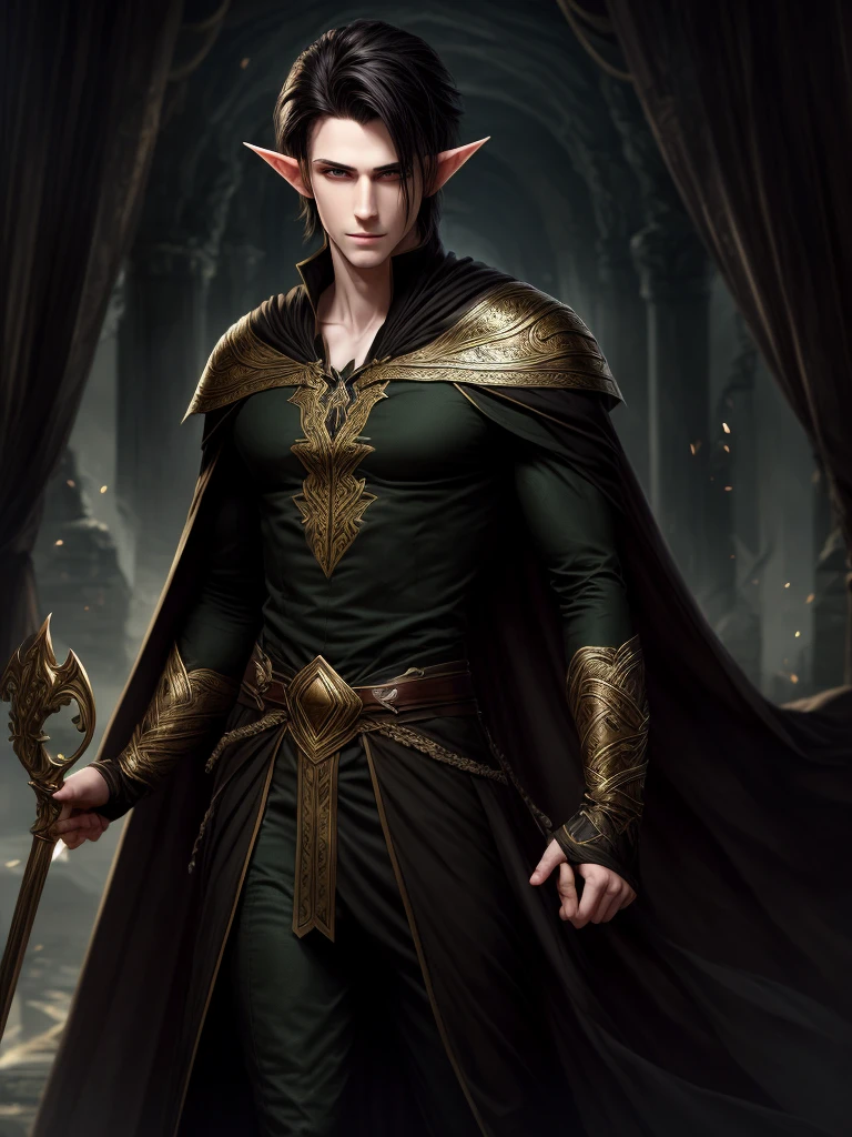 (best quality), 1boy, male, pale skin, black hair, medium hair, curtain hair, tousled hair, green eyes, perfect eyes, dark circles under eyes, tall, slender, handsome, strong jawline, lazy, light smile, attractive, (elf), pointed ears, fantasy clothes, masterpiece, anatomically correct, highres
