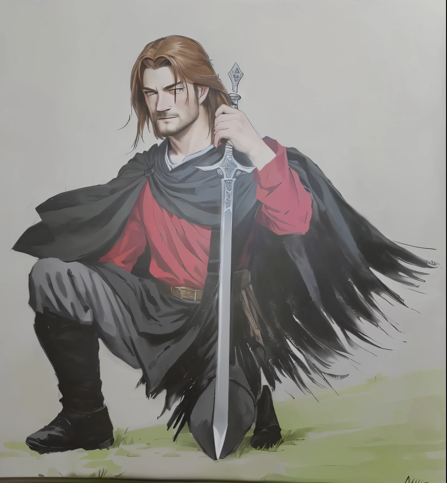 painting of a man with a sword and a red shirt, with a black hat in hand, on his knees, as a medieval fantasy character, inspirado em Robert Walker Macbeth, inspired by Clovis Trouille, painting of a knight, inspired by Ambrosius Holbein, inspirado em Eleanor Fortescue-Brickdale, boromir in an 80\animes world, inspired by Edmund Greacen