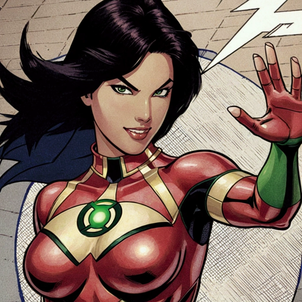 women, short black hair, green eyes, smiling, complete mono, wearing a green ring, light background, medium breasts, sexy, female, masterpiece, Crossed arms, beautiful detailed eyes, detailed face, looking at the viewer, bright, dark background, Half-length portrait, green lantern, room view, green aura, Asian, Detailed hands,