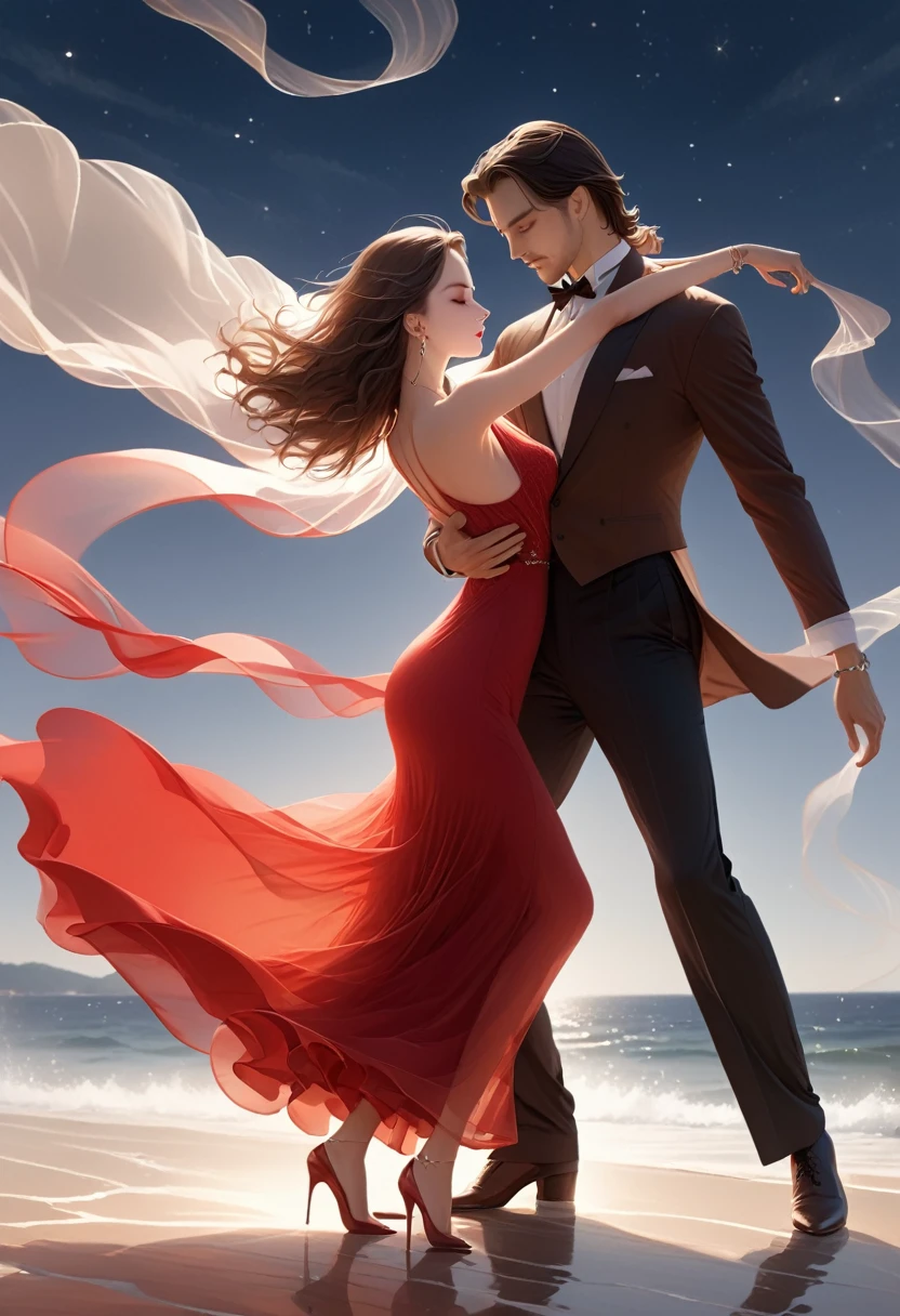 a masterpiece, stunning detail, an action shot, low angle, (top quality)), ((masterpiece)), a long hair girl, transparent long red dress, dance tango with a man, lamps, brown hair, shirt, black hair, 1boy, cleavage, jewelry, tango, hetero, multiple couples, pants, looking at another, bracelet, transparent dress, ,outdoors, full moon, strong wind, outdoors, full body, starry sky, at sea,,outdoors,(tango:1.2)