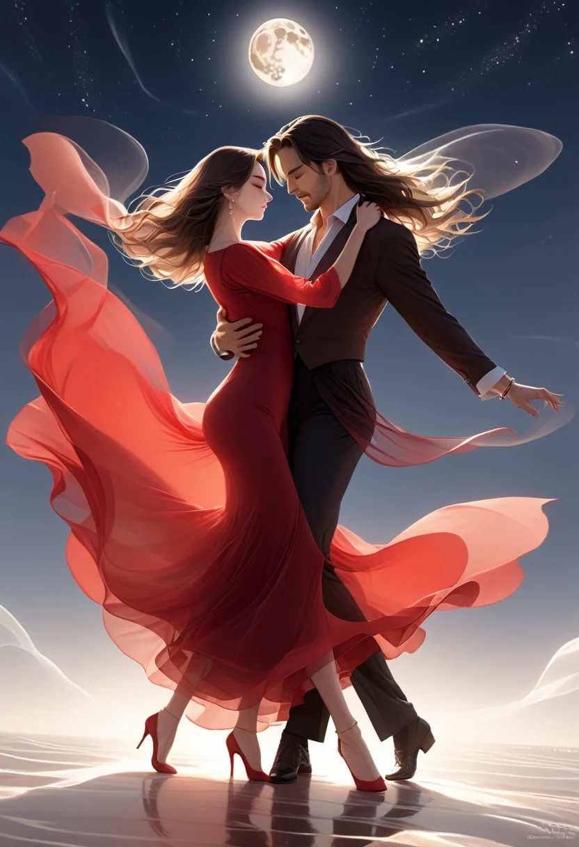 a masterpiece, stunning detail, an action shot, low angle, (top quality)), ((masterpiece)), a long hair girl, transparent long red dress, dance tango with a man, lamps, brown hair, shirt, black hair, 1boy, cleavage, jewelry, tango, hetero, multiple couples, pants, looking at another, bracelet, transparent dress, ,outdoors, full moon, strong wind, outdoors, full body, starry sky, at sea,,outdoors,(tango:1.2)