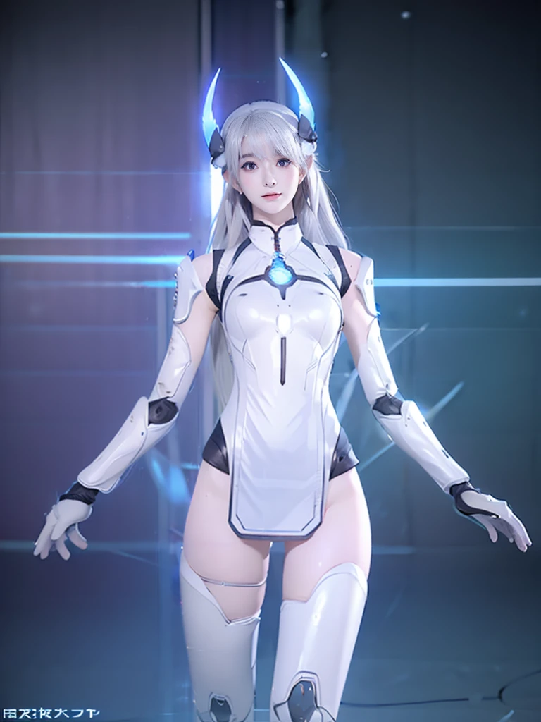 best quality, 1080P, Masterpiece, Whole body photo, Ultra high resolution, photorealistic photo, ultra realism, Realistic skin texture, white hair, Extreme skin detail, dslr, Detailed eyes, light blue eyes, yurisa face,Facing the camera, Very beautiful face, Firm facial structure, Pale skin, Realistic skin texture, Extreme skin detail, oc render reflection textures, Realistic light and shadow, One picture, alone, The body is slender and balanced.., Age 20, Height 170, no underwear, Flat stomach, (White shiny leather bodysuit), full body view, Whole body photo, sexy pose, A girl with the body of a mechanical robot., Transparent futuristic white glass mech armor suit,Airi_aov_hs, 1girl, 独奏, white hair, bangs, long hair, very long hair, twin tail, headband, black headband, cyber headband, horns, eyelashes, long eyelashes, eyeliner, sharp eyelids, Blue eyes, makeup, lips, earrings, red earrings, head, face, smile, close mouth, bodysuit, white/black bodysuit, leotard, cybernetic leotard, bare shoulders, shoulder armor, white/black shoulder armor, transparent shoulder armor, arm armor, gloves, gray gloves, thighs, white thighs, stockings, cyber tights, boots, long boots, platform shoes