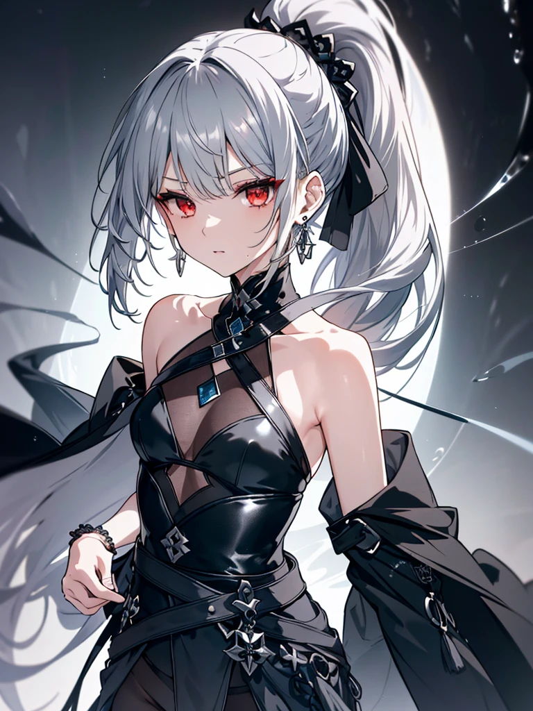 8k,High resolution RAW color art,Anime Art, (((Very detailed and cool))), Detailed skin, Blur、texture,(Exquisitely crafted, The finer details, Ultra-detailed art), (((1 girl))), Depth of written boundary, Silky Touch, Hyper Detail, (((Cool face))), eye shadow、Silver Marble Skin, Beautiful detailed red eyes, Beautiful lip detail, Very delicate face, Delicate depiction of hair and eyes, Detailed Fashion, Silver earrings,Silver Bracelet、Full body depiction, Black half top、(((Shoulder Bare)))、Black shorts、black waist cloak、black tights、 A little bit of grey hair, Ponytail Hair、Semi-long hair、(((Hair)))、water surface、silk clotheatte、Soft clothes、Blowjob