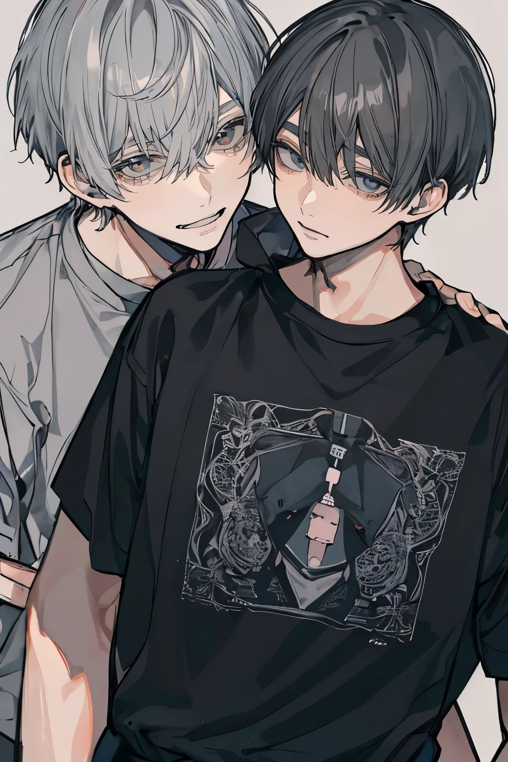 (Mastepiece), (Best Quality), Very detailed, ((Two men intimate:1.5)), Perfect Face, Beautiful Face, Very detailedな顔,(Upper body shot:1.3),(Black-haired man:1.3),(Grey-haired man:1.3)、T-Shirts、smile
