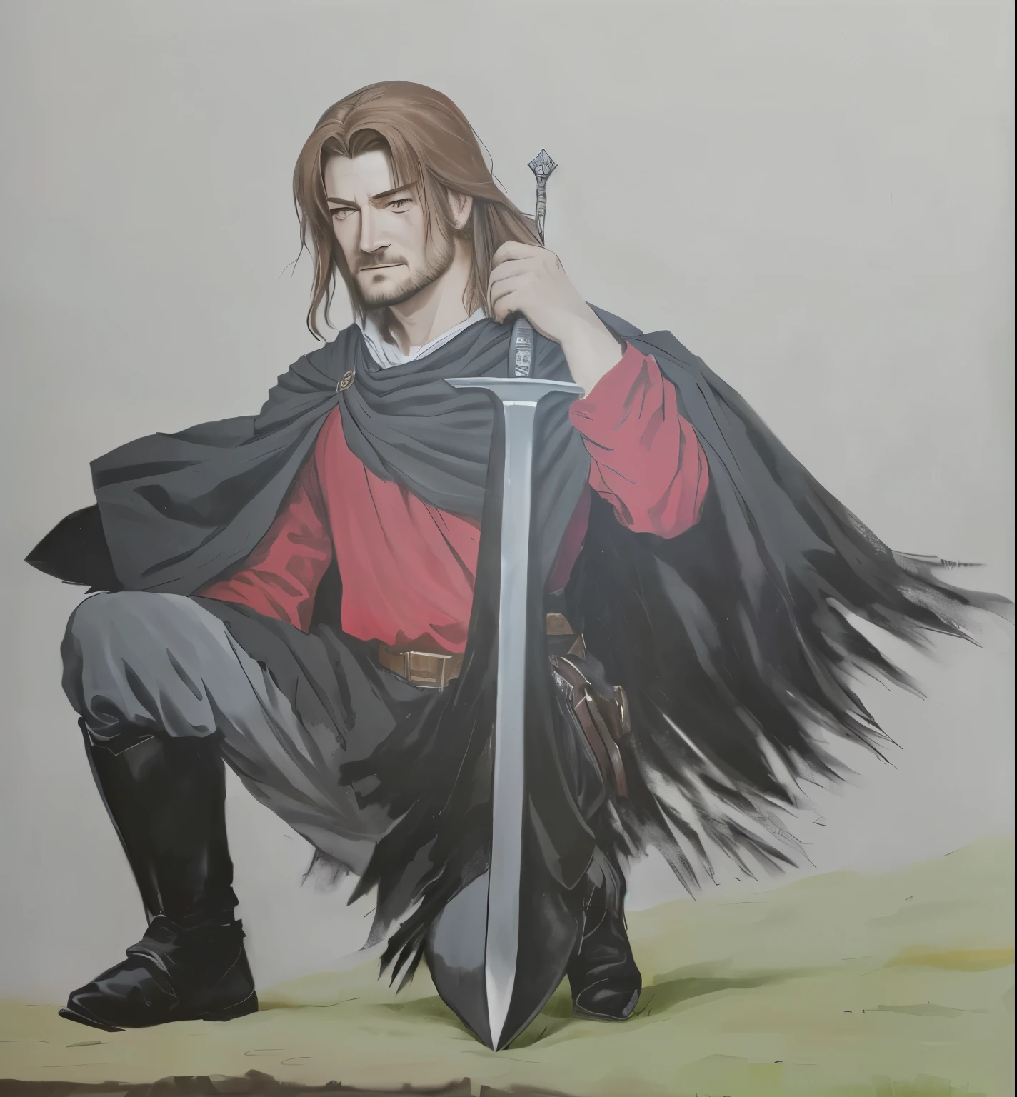 painting of a man with a sword and a red shirt, with a black hat in hand, on his knees, as a medieval fantasy character, inspirado em Robert Walker Macbeth, inspired by Clovis Trouille, painting of a knight, inspired by Ambrosius Holbein, inspirado em Eleanor Fortescue-Brickdale, boromir in an 80\animes world, inspired by Edmund Greacen