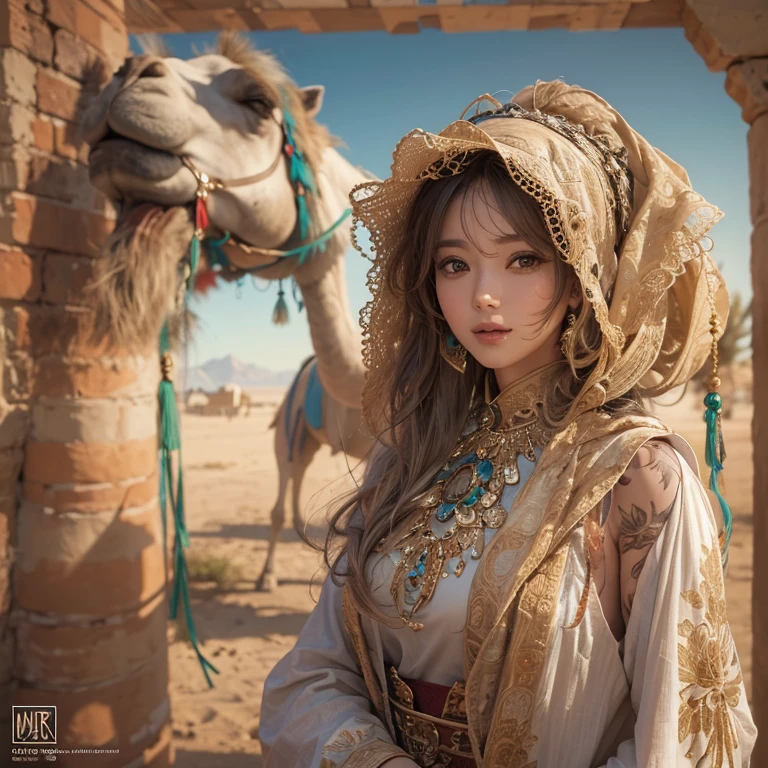 Hiding in the desert、Hair Flow、 ((Highest quality、masterpiece、8k、Best image quality、Ultra-high resolution、Award-winning works)、(Accurate anatomy:1.1)、(Look at me and smile:1.1)、Shining fair skin with Ultra-high resolution、The most detailed face、Ultra-high resolution detailed face、Ultra-high resolutionの髪の毛、(Ultra-high resolutionの煌めく瞳:1.1)、Beautiful face drawn in every detail、(Blurred Background:1.1)、Ancient Islamic clothing, Chest to chest, tattoo, Old ruins in the background、ride on the camel