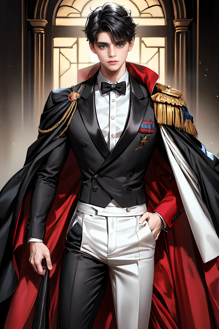 masterpiece, 最high quality, high quality, 1 boy, alone, Male focus, Watching the audience, Messy black hair, Adorable big blue eyes, White, Noble, Noble,A black and red cape that is bursting with sexy volume、Tuxedo、A very voluminous, large, very large, very large, long, long red and black cape with a high stand-up collar, made of a lot of fabric that reaches down to the floor., ,Cute beautiful boys,Cute, cute, kind, handsome guy