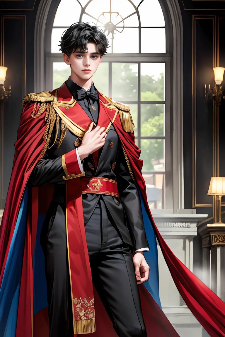 
masterpiece, 最high quality, high quality, 1 boy, alone, Male focus, Watching the audience,  Messy black hair, Adorable big blue eyes, White, Noble, Noble,A black and red cape that is bursting with sexy volume、Tuxedo、A very voluminous, large, very large, very large, long, long red and black cape with a high stand-up collar, made of a lot of fabric that reaches down to the floor., 17 years old,Cute beautiful boys,Cute, cute, kind, handsome guy