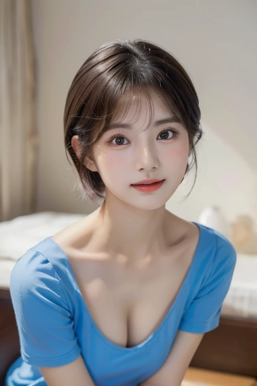 A woman in a blue top and white shirt posing for a photo, Short Hair, Girl cute beautiful face, Young and pretty Asian face, Beautiful Asian Girl, Young and adorable Korean face, Korean Girls, Gorgeous Young Korean Woman, Beautiful Korean Women, Beautiful young Korean woman, With a cute - lovely - face, A lovely and delicate face, Popular Korean makeup