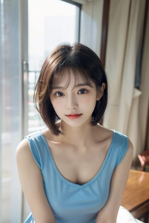 A woman in a blue top and white shirt posing for a photo, Short Hair, Girl cute beautiful face, Young and pretty Asian face, Beautiful Asian Girl, Young and adorable Korean face, Korean Girls, Gorgeous Young Korean Woman, Beautiful Korean Women, Beautiful young Korean woman, With a cute - lovely - face, A lovely and delicate face, Popular Korean makeup