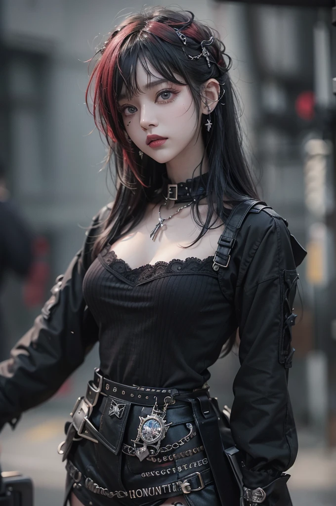 Highest quality、8k、masterpiece:1.3、Gothic Punk、The inside color is red、Gray Black Hair、hair ornaments、Beautiful girl、creative、Punk Style、Neogoth、Goth Fashion:0.8、High resolution、masterpiece、Highest quality、頭w:1.3、((Hasselblad Photos))、Fine skin、Sharp focus、(Cinematic lighting)、shirt, Shoulder out, With modest breasts