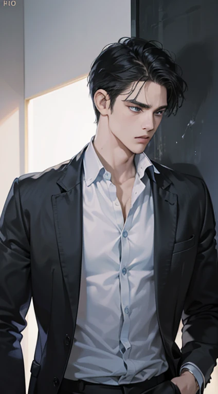 (best quality, masterpiece, 8K, photorealistic, cinematic lighting, 1:4 hdr image, ultra detailed, beautiful image), a mature man, 34 years very handsome, ((cold expression)), short black hair, blue eyes, face perfect without mistakes, ((buttoning his jacket, CEO))