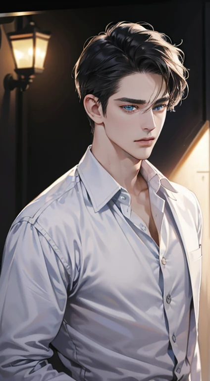 (best quality, masterpiece, 8K, photorealistic, cinematic lighting, 1:4 hdr image, ultra detailed, beautiful image), a mature man, 34 years very handsome, ((cold expression)), short black hair, blue eyes, face perfect without mistakes, ((buttoning his jacket, CEO))