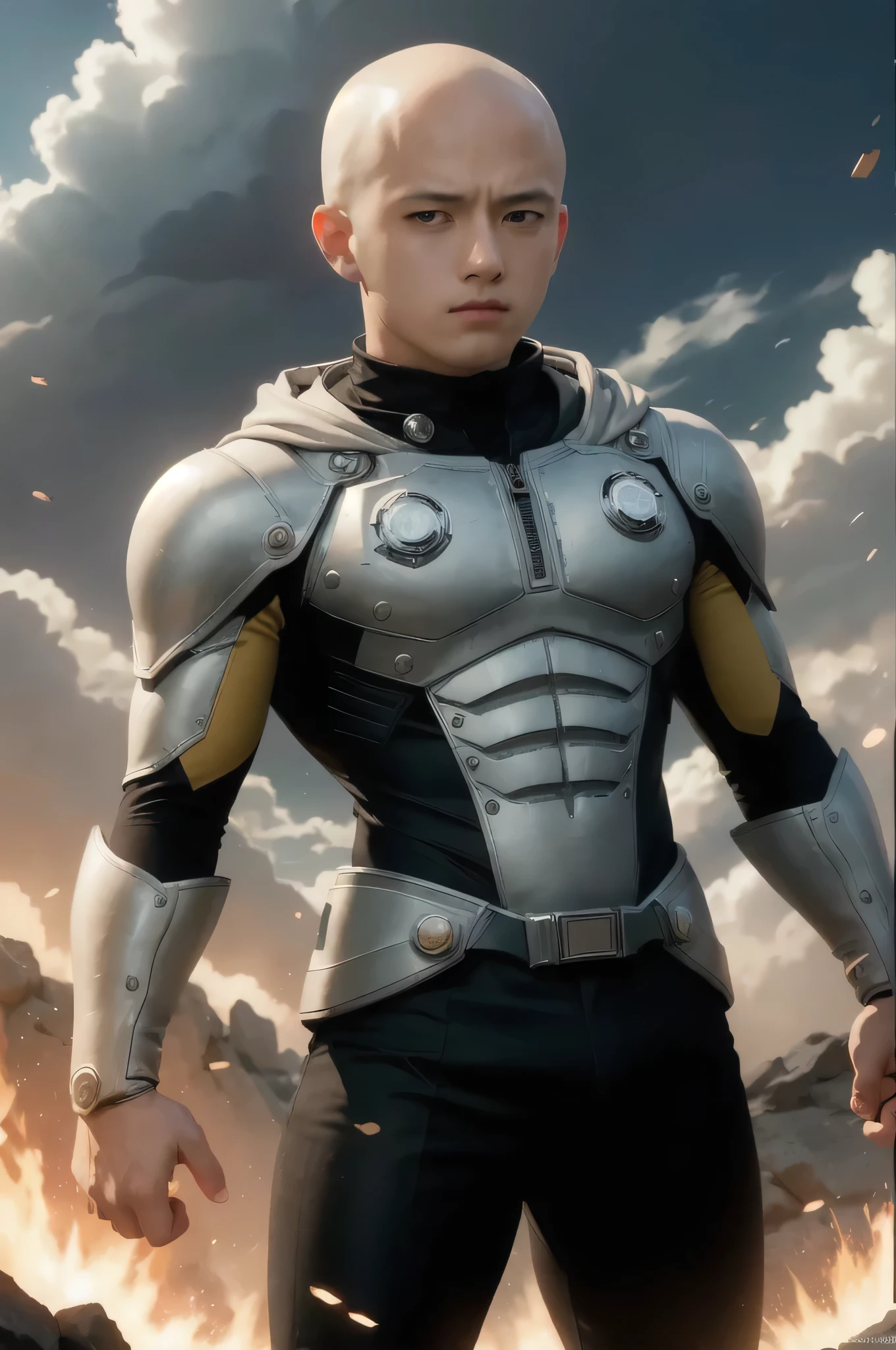 a man, gun and a glove in his hand, saitama from one punch man, masterpiece, best quality, (extremely detailed CG unity 8k wallpaper), saitama, (best quality), (best illustration), (best shadow), absurdres, realistic lighting, (Abyss), beautiful detailed glow, realistic