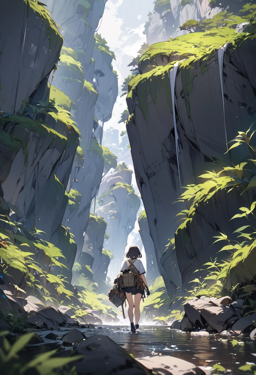 Heading into nature、Explorer。Dangerous area、((masterpiece,Highest quality)),One girl,Beautiful attention to detail,Short Hair、Dynamic composition