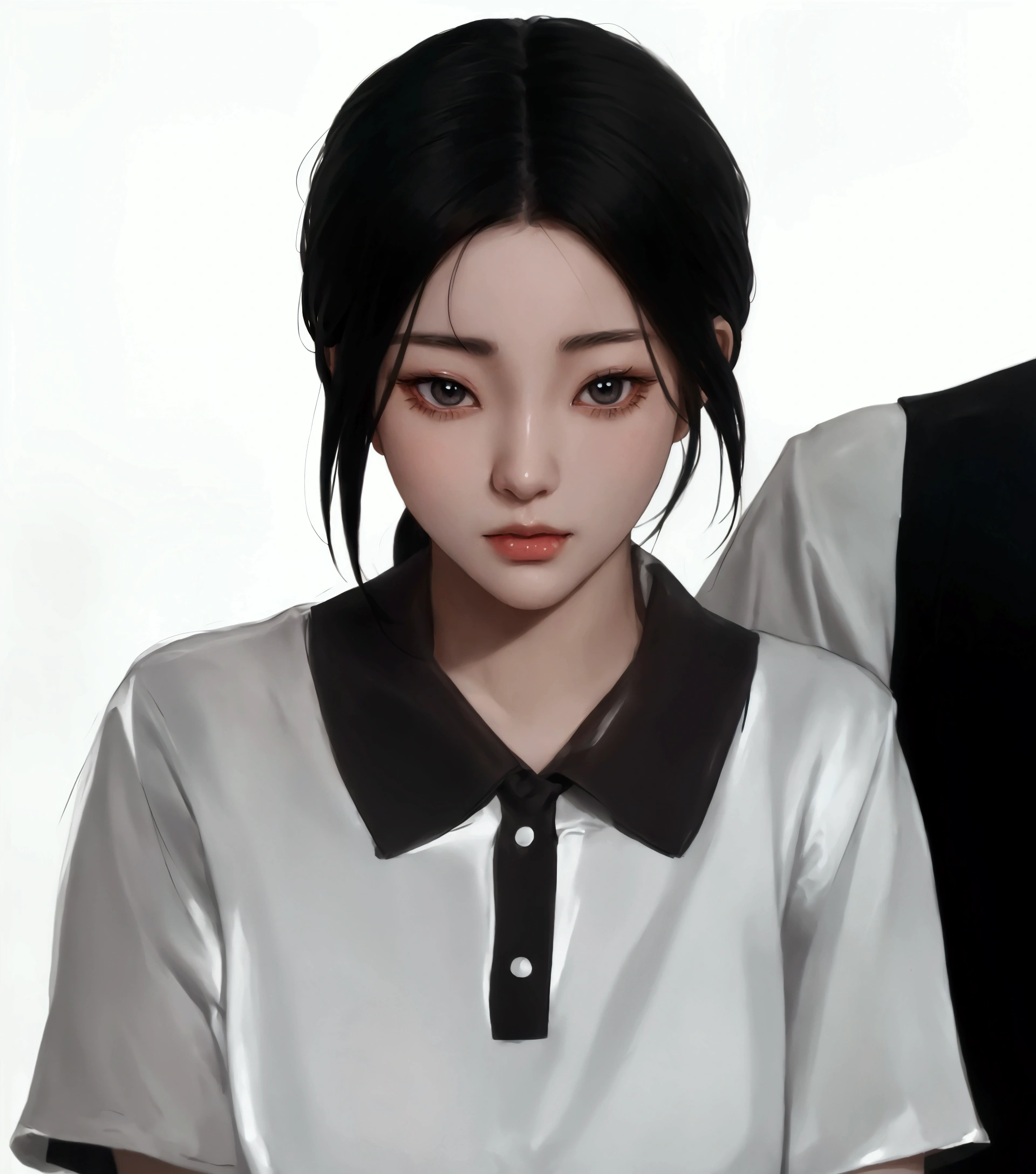Anime girl with black hair and white shirt looking at camera, Realistic anime style, Made with Anime Painter Studio., Inspired by Sim Sa Jung, Artwork in the style of gouache, Drawing in Anime Painter Studio, Realistic art style, Inspired by Ma Yuanyu, Realistic art style, In the art form of the pond, Semi-realistic anime style