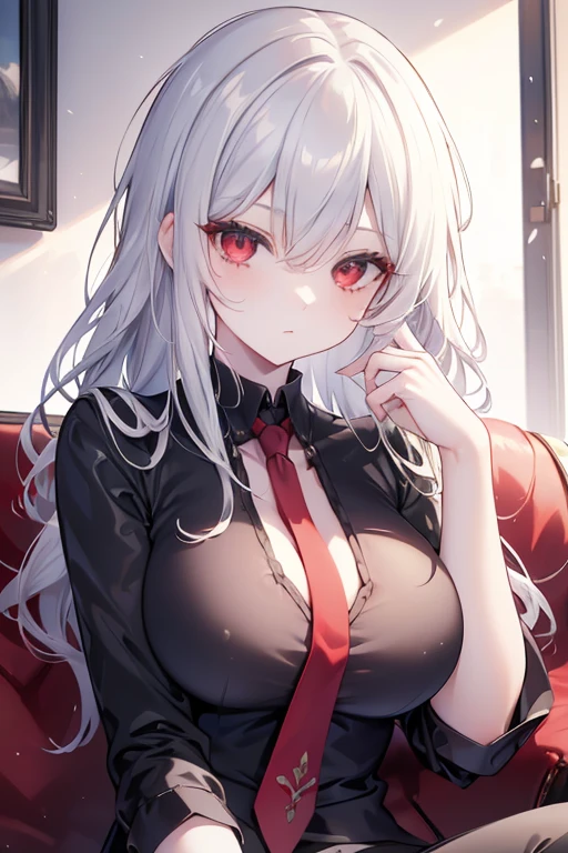 Beautiful caucasian woman, (black_shirt, red tie), solo, (mature woman:1.2), (pixiv:1.1), skinny, (red eyes), detailed eyes, black eyeshadow, (silver hair), hair clips, (wavy hair, hair strands, messy hair), collarbone, (beautiful round breasts), sitting on couch, cinematic lighting, intricate details, indoors, portrait, looking at the viewer, professional, HD, 8K, (absurdres:1.2), ultra-detailed, (masterpiece, best quality), vivid colors, bokeh, highly focused, professional photography, close-up face, (detailed face)