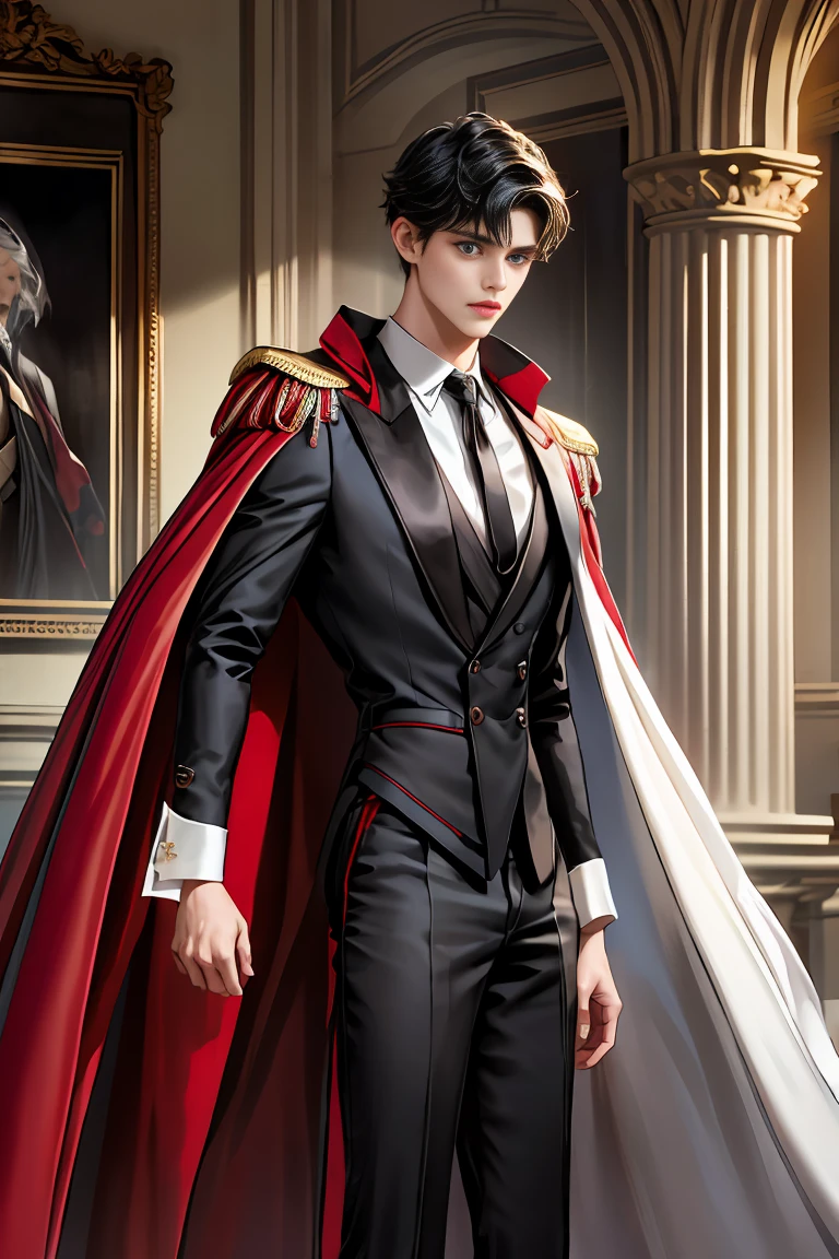 
masterpiece, 最high quality, high quality, 1 boy, alone, Male focus, Watching the audience,  Messy black hair, Adorable big blue eyes, White people, Noble, Noble,Sexy voluminous black and red cape、Tuxedo、A very voluminous, large, very large, very large, long, long red and black cape with a high stand-up collar, reaching down to the floor, made of a lot of fabric., ,Cute beautiful boys,Cute, cute, kind, handsome guy